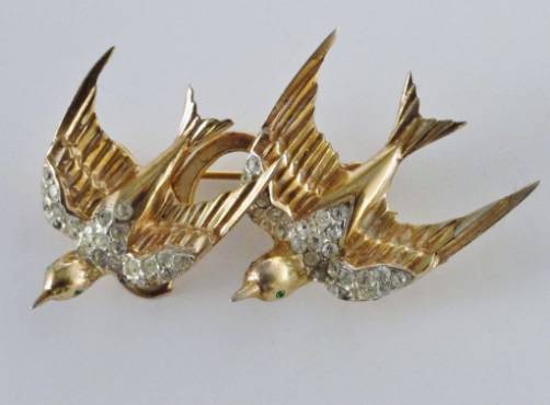 Coro Duette vintage swallows fur clip vermeil gold gilt sterling silver, 1940`s ca, American